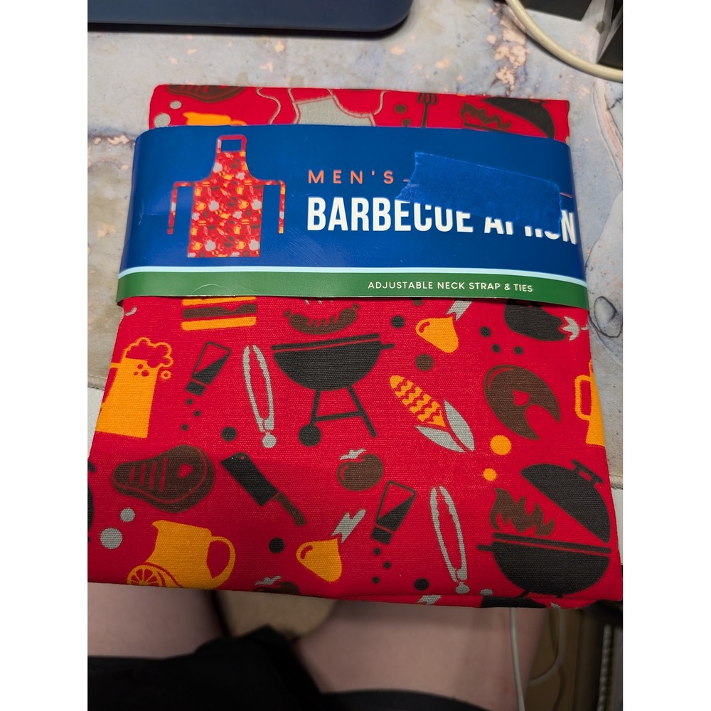 Mens Barbecue Apron Red Cotton Grilling BBQ Print Adjustable Neck Strap New